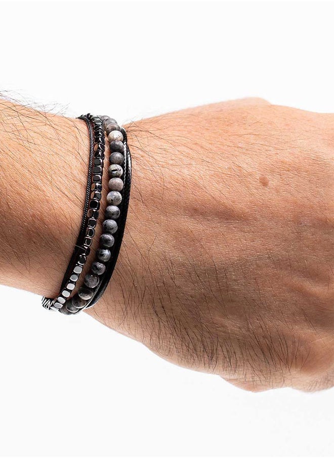 Handmade Adjustable Beaded Bracelet for Men with Multi-Line Matte Larvikite