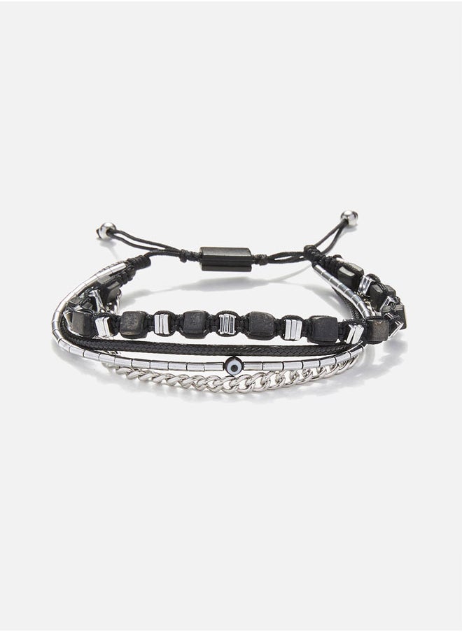 Handmade Adjustable Beaded Multi-Line Bracelet with Black Onyx, Matte Black Cube, Hematite Nut, Black Steel Chain & Cord