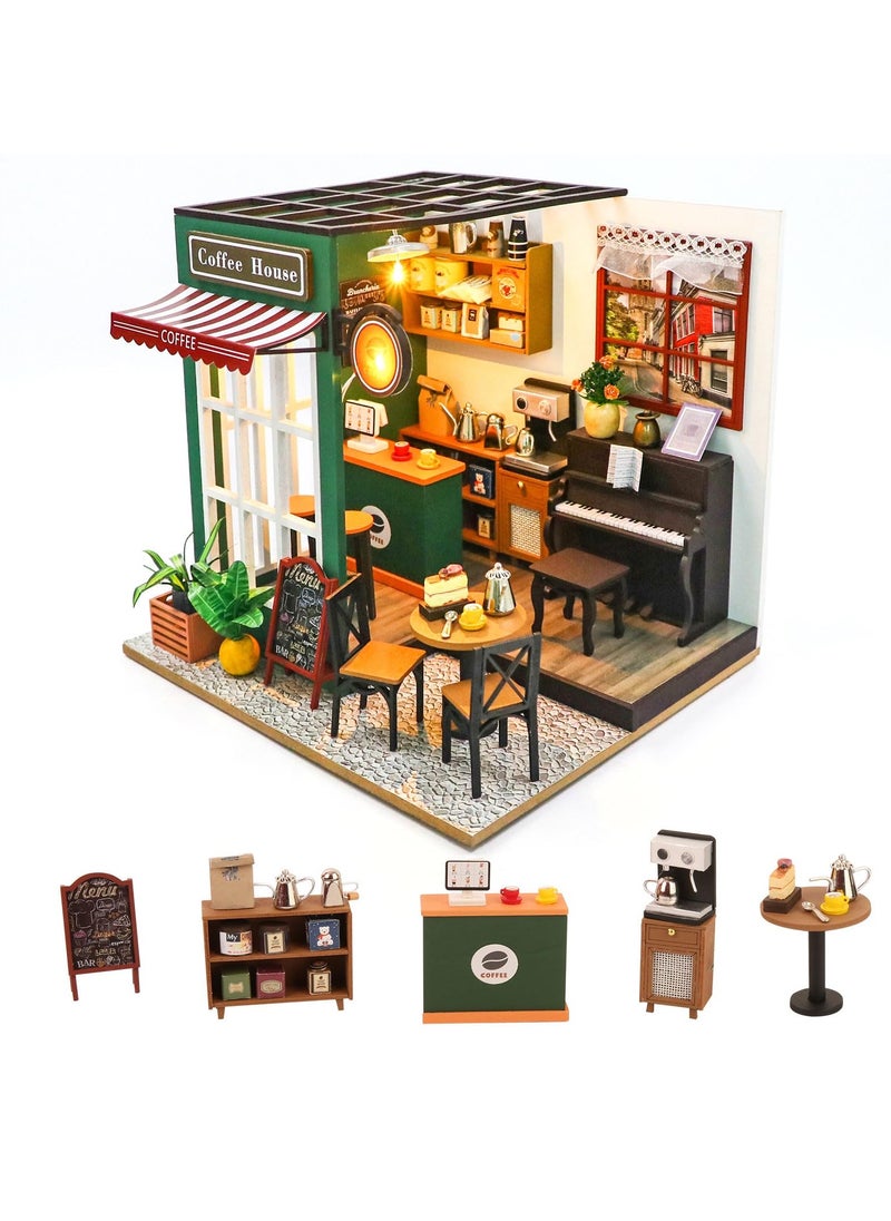 DIY Miniature House Kit,Tiny House Coffee Shop with Furniture & LED,DIY Dollhouse Miniature Kit for Adults Teen,Mini House Building kit,3D Wooden Craft Mini Model Kit,Birthday Gifts Home Decor