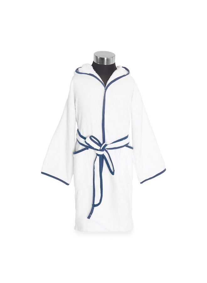 Yalla Hooded Kids Robe, White And Navy - 400 Gsm, Medium