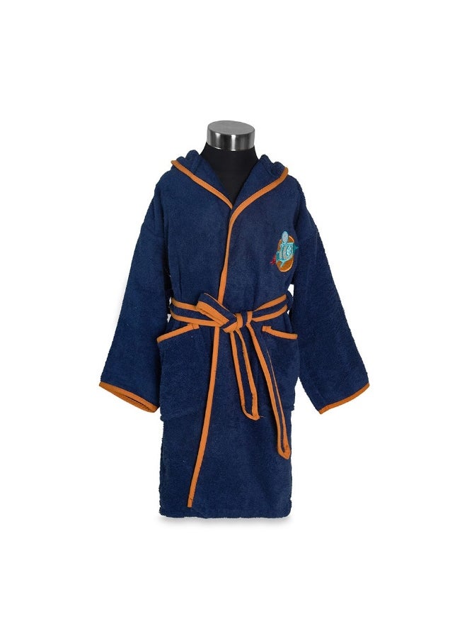 Champ Embroidered Hooded Kids Robe, Navy And Orange - 400 Gsm, Large