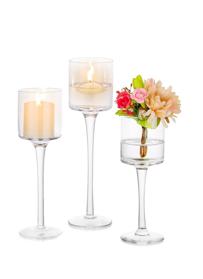 Set of 3 Elegant Glass Candleholders – Tall Hurricane Tea Light Holders for Weddings, Parties, and Home Décor