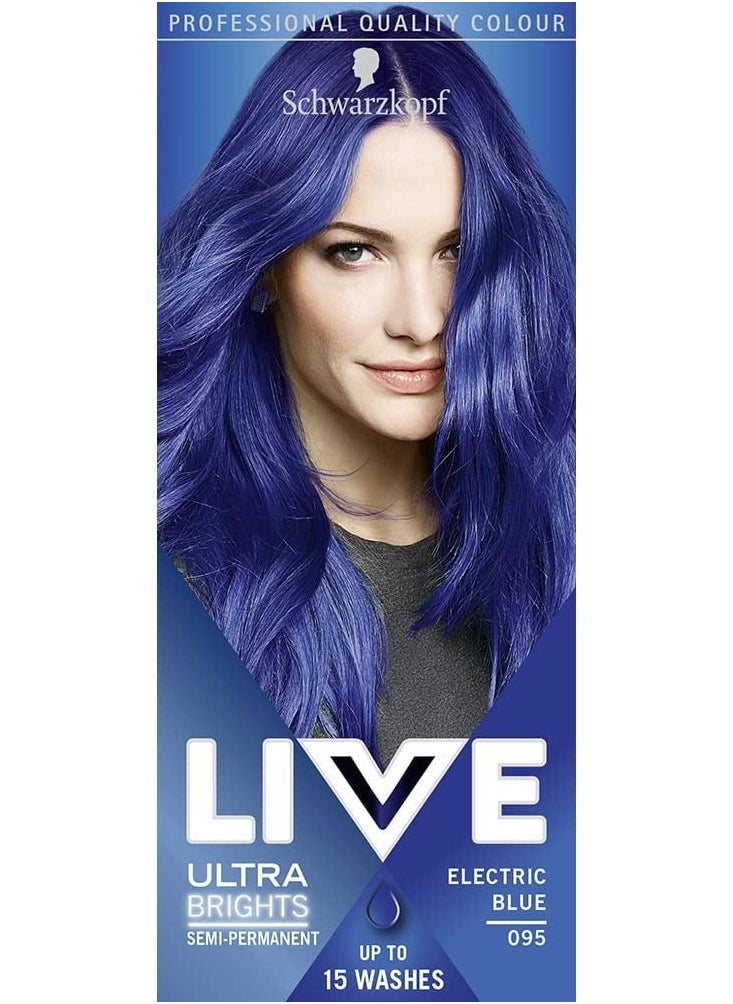 Schwarzkopf LIVE Ultra Brights Or Pastels Vibrant Semi permanent Blue Hair Dye Lasts Up to 15 Washes Electric Blue 095