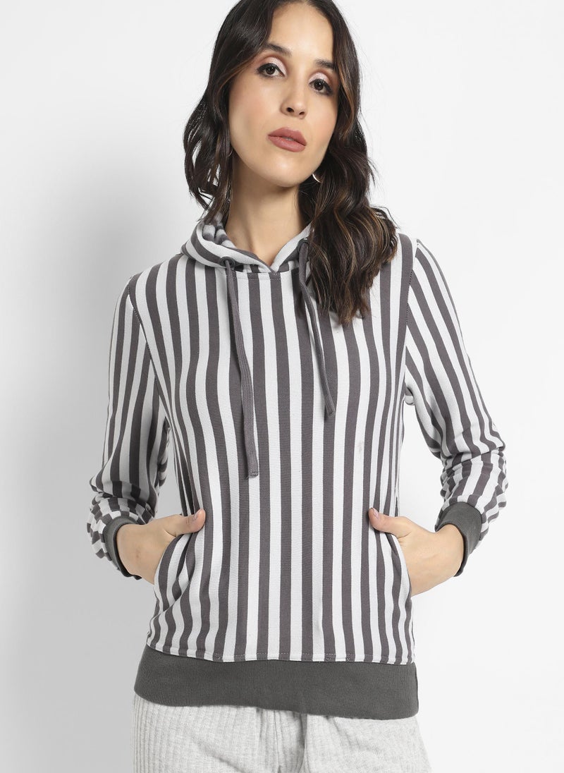 Candy Striped Hoodie With Ribbed Hem