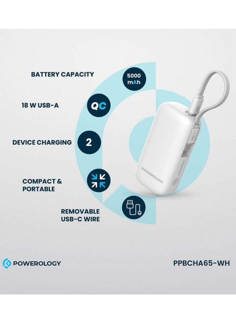 5000mAh Power Bank with Removable USB-C Wire, Advanced Charging Technology, 2-Device Charging, Compact & Portable, Built-in Safeguards, 20W Power Delivery - White