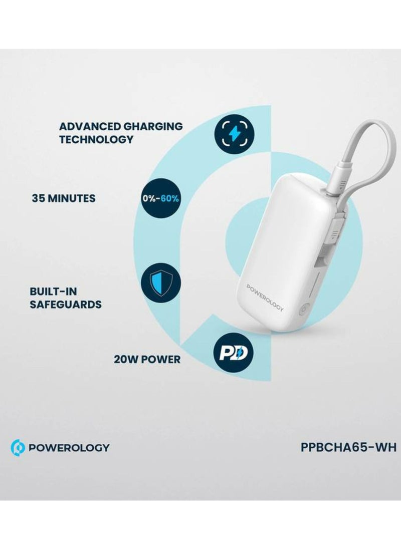 5000mAh Power Bank with Removable USB-C Wire, Advanced Charging Technology, 2-Device Charging, Compact & Portable, Built-in Safeguards, 20W Power Delivery - White