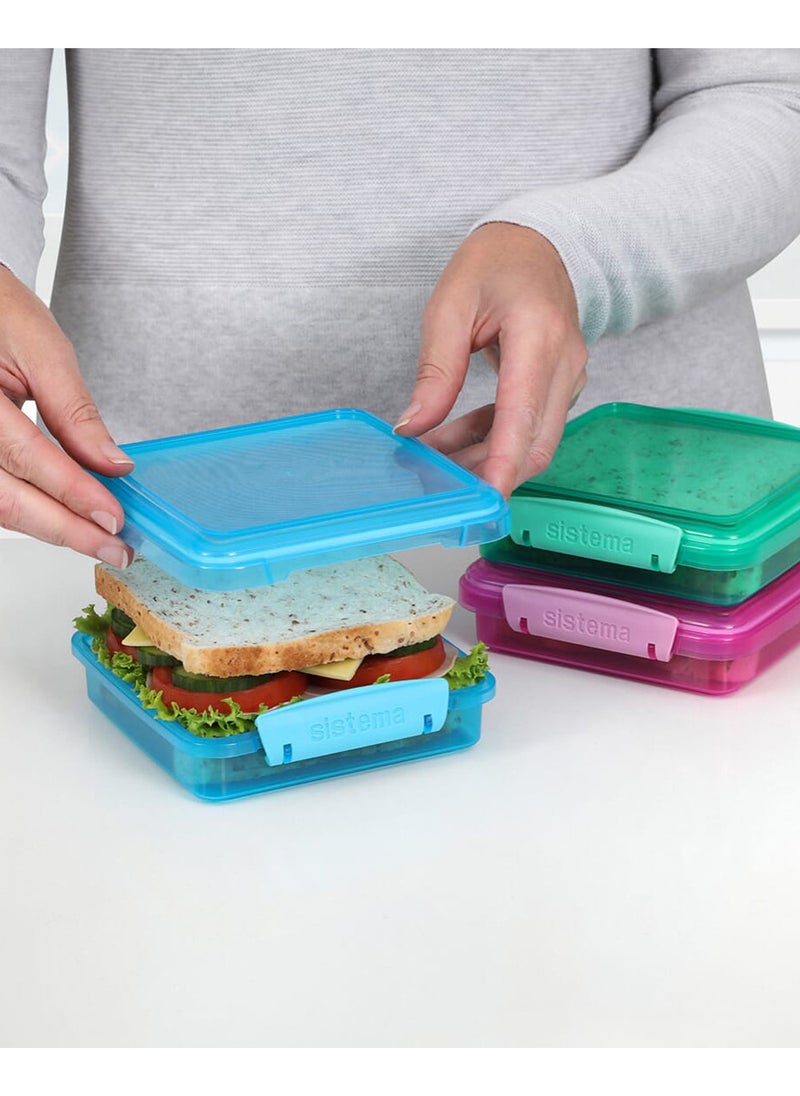 Sistema Lunch Boxes Coloured (3 Pack): Perfect for Sandwiches & On-the-Go Meals (450ml) BPA-Free & Leakproof , Made In New Zealand