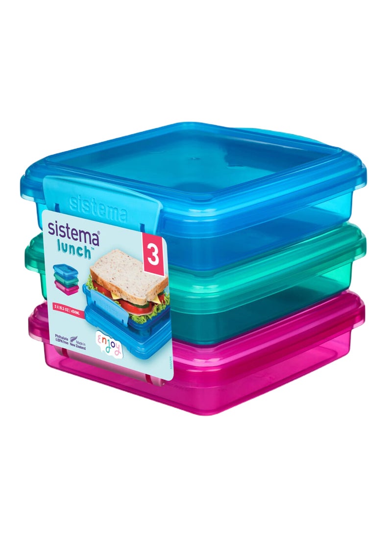 Sistema Lunch Boxes Coloured (3 Pack): Perfect for Sandwiches & On-the-Go Meals (450ml) BPA-Free & Leakproof , Made In New Zealand