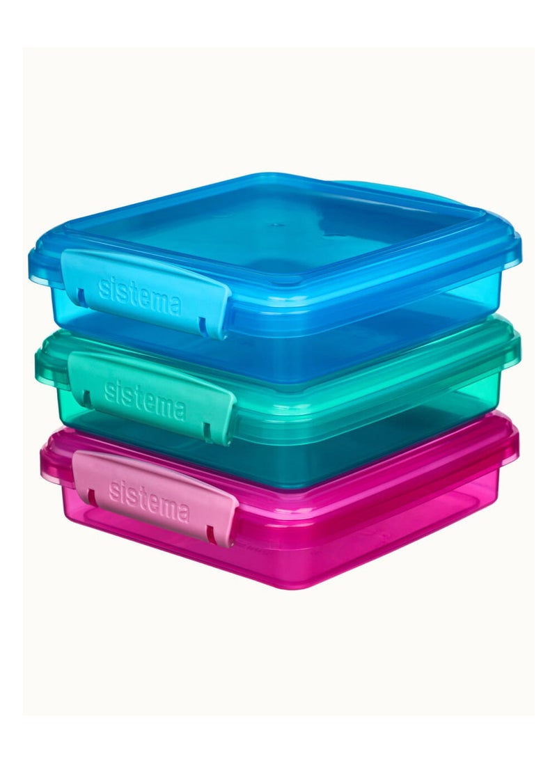 Sistema Lunch Boxes Coloured (3 Pack): Perfect for Sandwiches & On-the-Go Meals (450ml) BPA-Free & Leakproof , Made In New Zealand