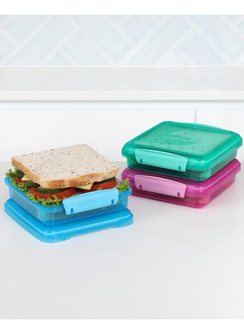 Sistema Lunch Boxes Coloured (3 Pack): Perfect for Sandwiches & On-the-Go Meals (450ml) BPA-Free & Leakproof , Made In New Zealand