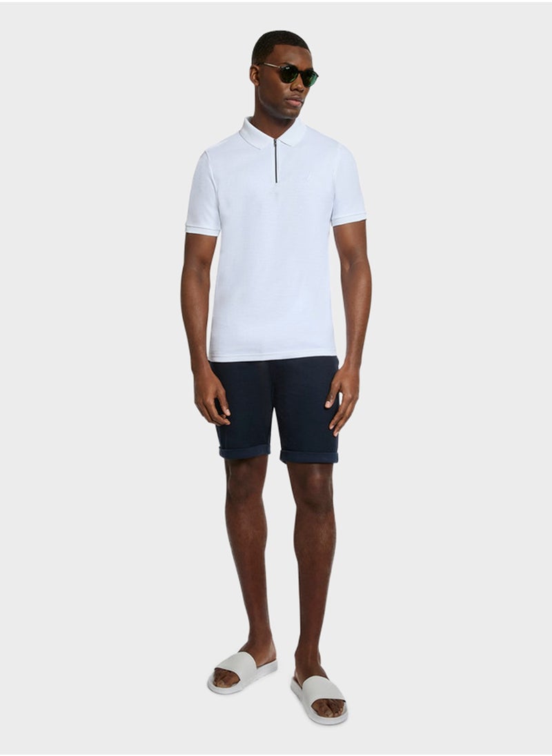 Men's White Short Sleeve Zip Polo Shirt, Stylish Lightweight Knit for Sophisticated Summer Style