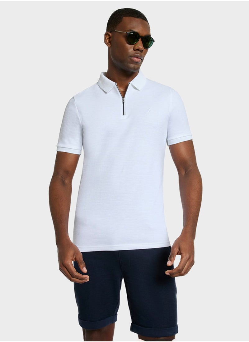 Men's White Short Sleeve Zip Polo Shirt, Stylish Lightweight Knit for Sophisticated Summer Style