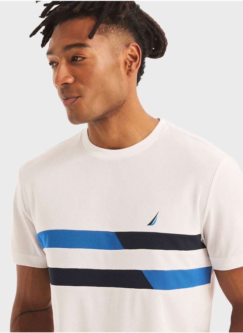 Men's White Striped Round-Neck T-Shirt – Comfort Polyester for a Trendy and Casual Wardrobe Refresh