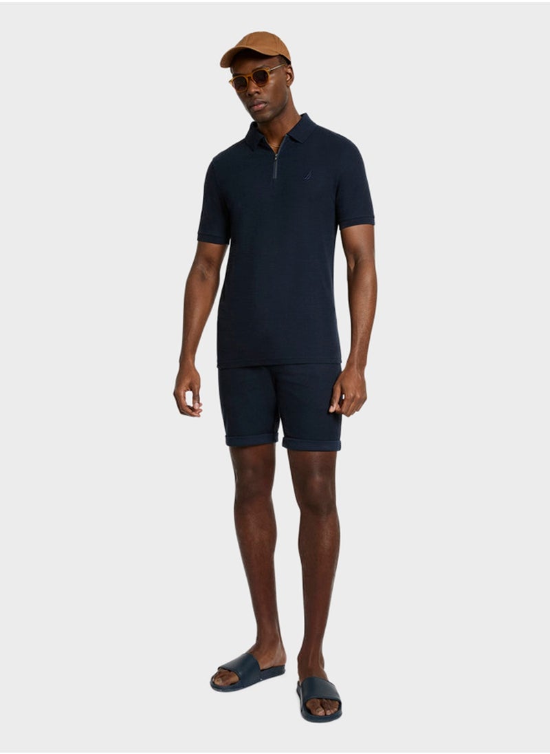 Men's Navy Blue Short Sleeve Zip Polo Shirt, Stylish Lightweight Knit for Sophisticated Summer Style