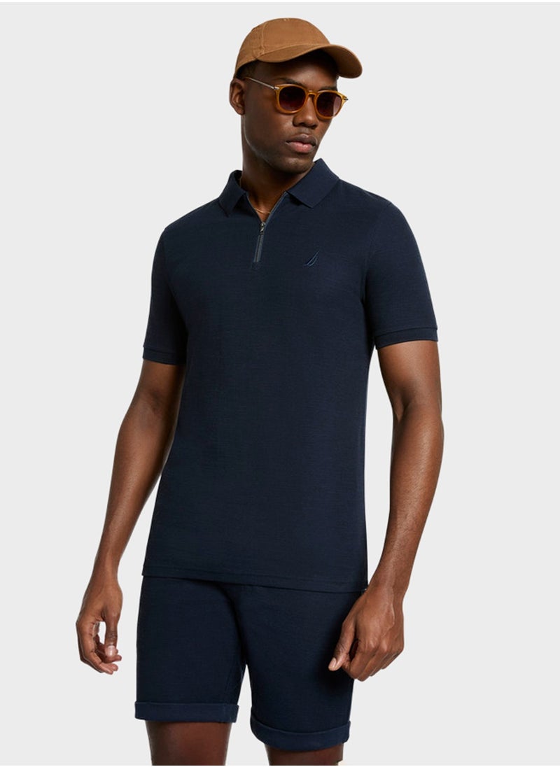 Men's Navy Blue Short Sleeve Zip Polo Shirt, Stylish Lightweight Knit for Sophisticated Summer Style