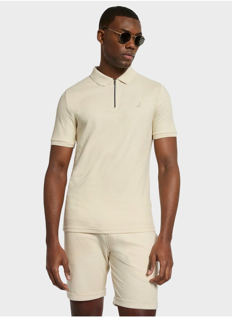 Men's Beige Short Sleeve Zip Polo Shirt, Stylish Lightweight Knit for Sophisticated Summer Style