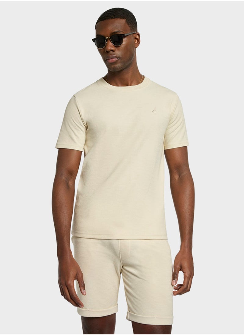 Men's Beige Round Neck T Shirt—Modern Knit Design for Versatile Effortless Everyday Style