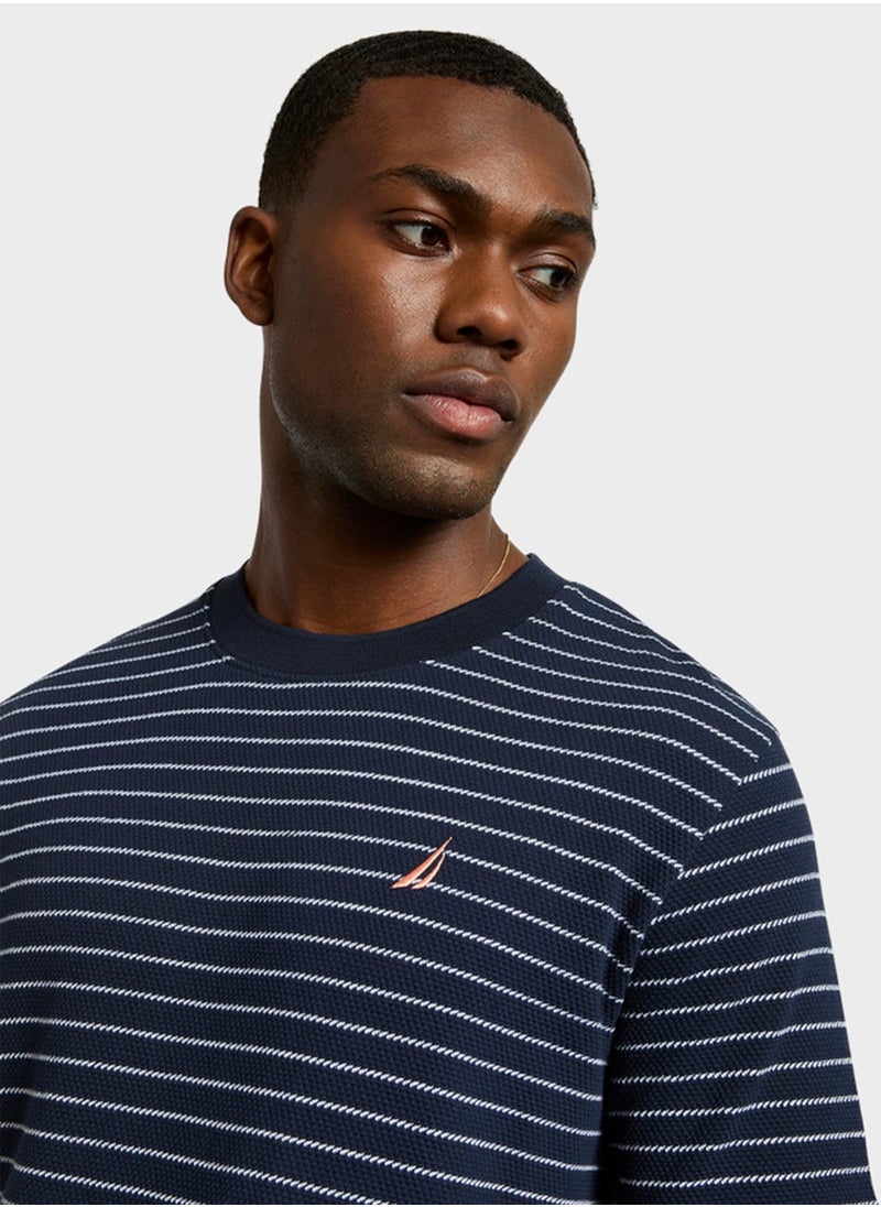 Men's Navy Striped Round Neck T-Shirt - Soft Cotton Knit For Trendy, Comfortable Everyday Look