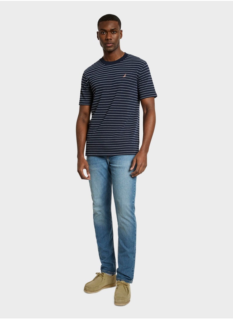 Men's Navy Striped Round Neck T-Shirt - Soft Cotton Knit For Trendy, Comfortable Everyday Look