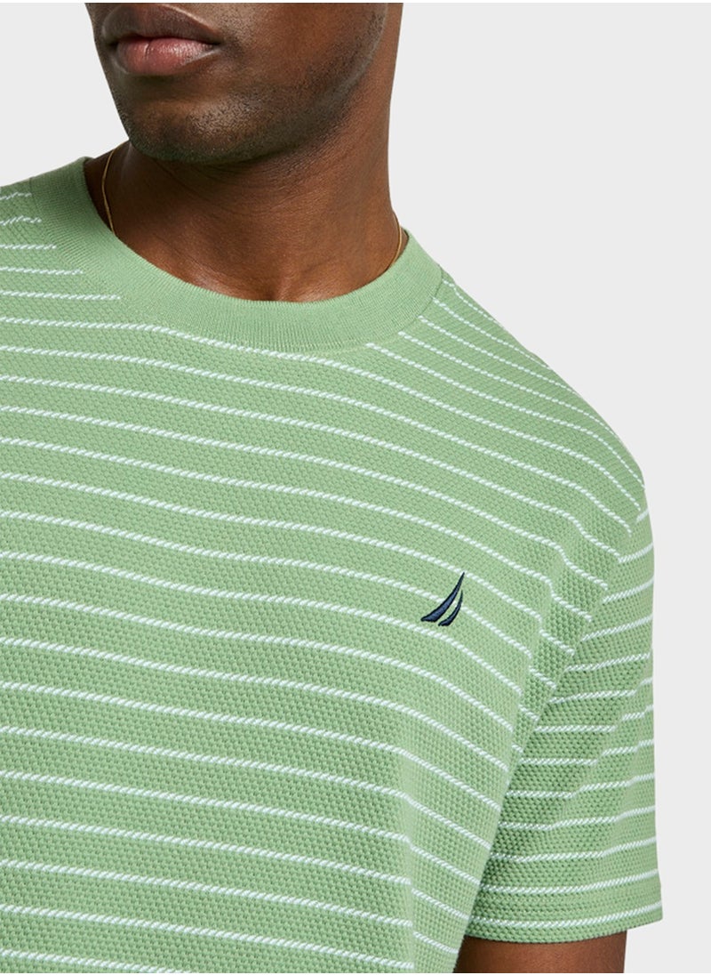 Men's Green Striped Round Neck T-Shirt - Soft Cotton Knit For Trendy, Comfortable Everyday Look