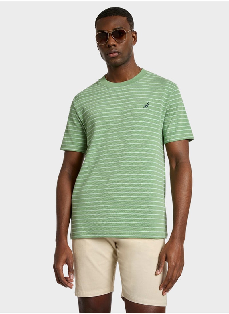 Men's Green Striped Round Neck T-Shirt - Soft Cotton Knit For Trendy, Comfortable Everyday Look