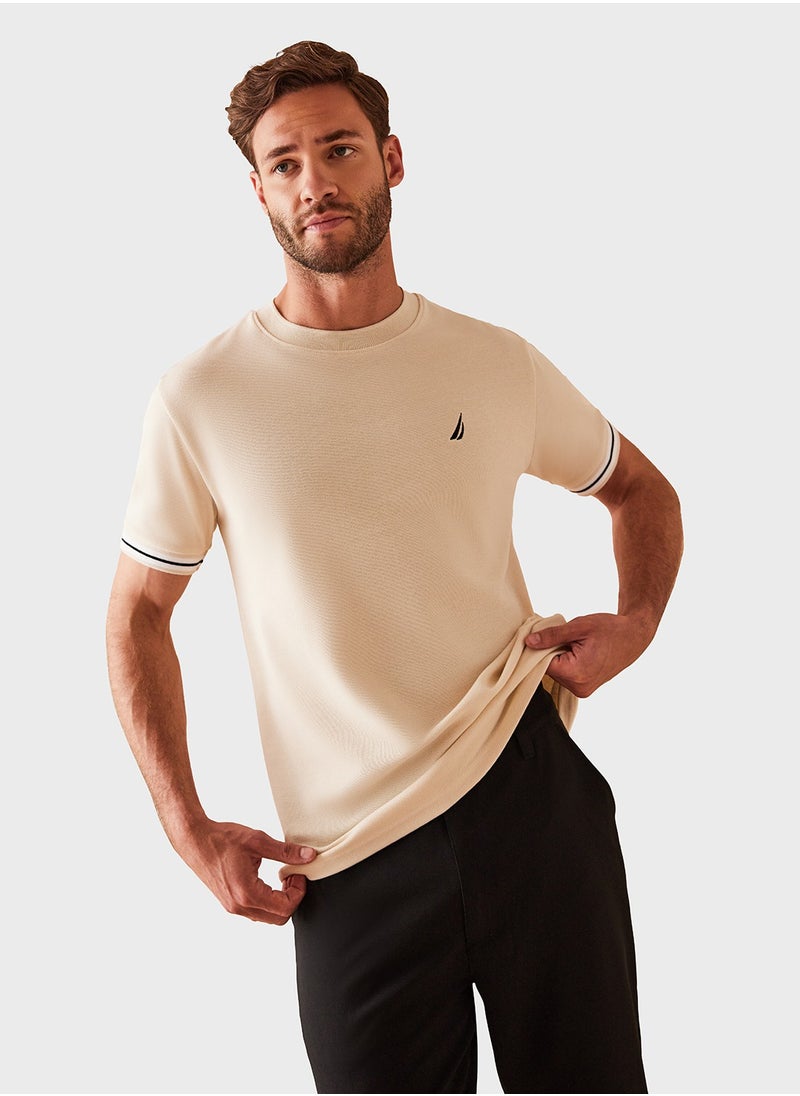 Mens Beige Round Neck Short Sleeve Tee, Lightweight Knit for All-Day Comfort & Effortless Style