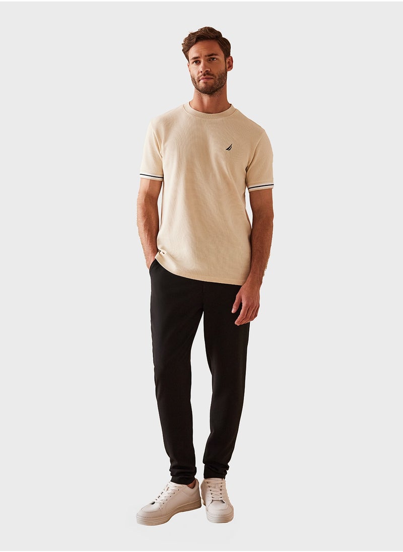 Mens Beige Round Neck Short Sleeve Tee, Lightweight Knit for All-Day Comfort & Effortless Style