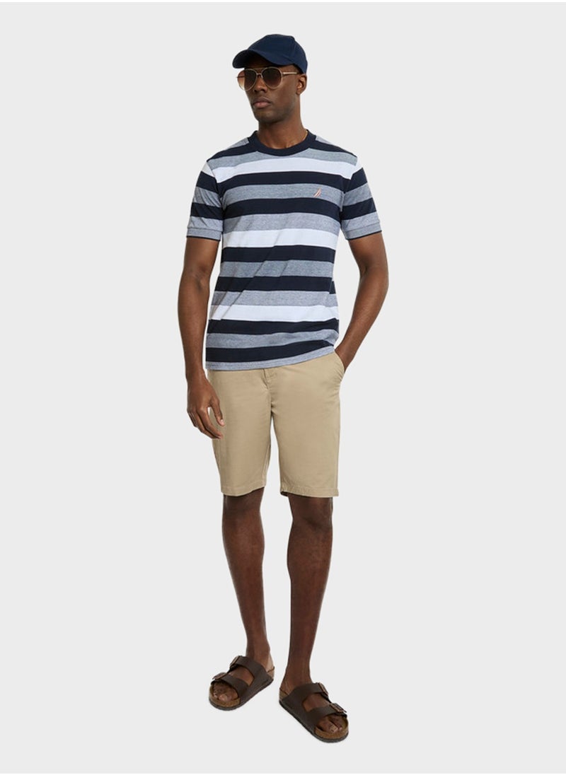 Men's Navy & White Striped Round Neck T-Shirt – Cotton Casual Classic Essential, Summer-Ready!