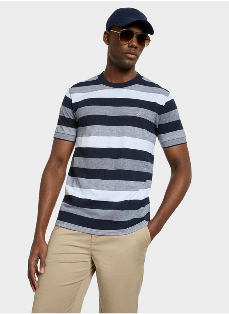 Men's Navy & White Striped Round Neck T-Shirt – Cotton Casual Classic Essential, Summer-Ready!