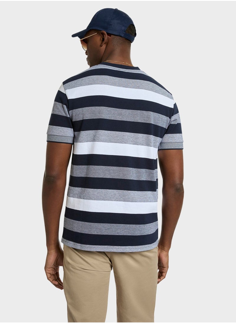 Men's Navy & White Striped Round Neck T-Shirt – Cotton Casual Classic Essential, Summer-Ready!