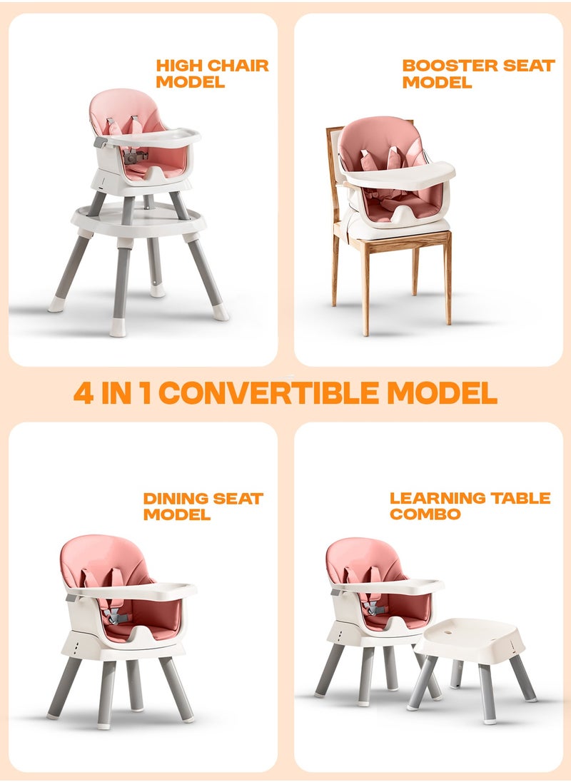 Baybee 6 in 1 Convertible Baby High Chair for Kids, Baby Feeding with 2 Adjustable Heights, 5 Point Safety Belt & Tray | Kids Study Table & Chair | Kids High Chair for Baby 1 to 5 Years Pink