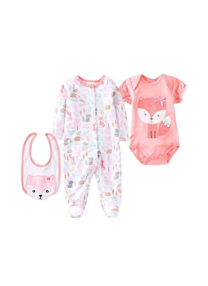 Bambimici Fox Print 2-Piece Body Suit with bib - White & Pink