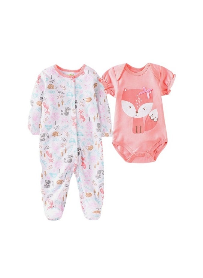 Bambimici Fox Print 2-Piece Body Suit with bib - White & Pink