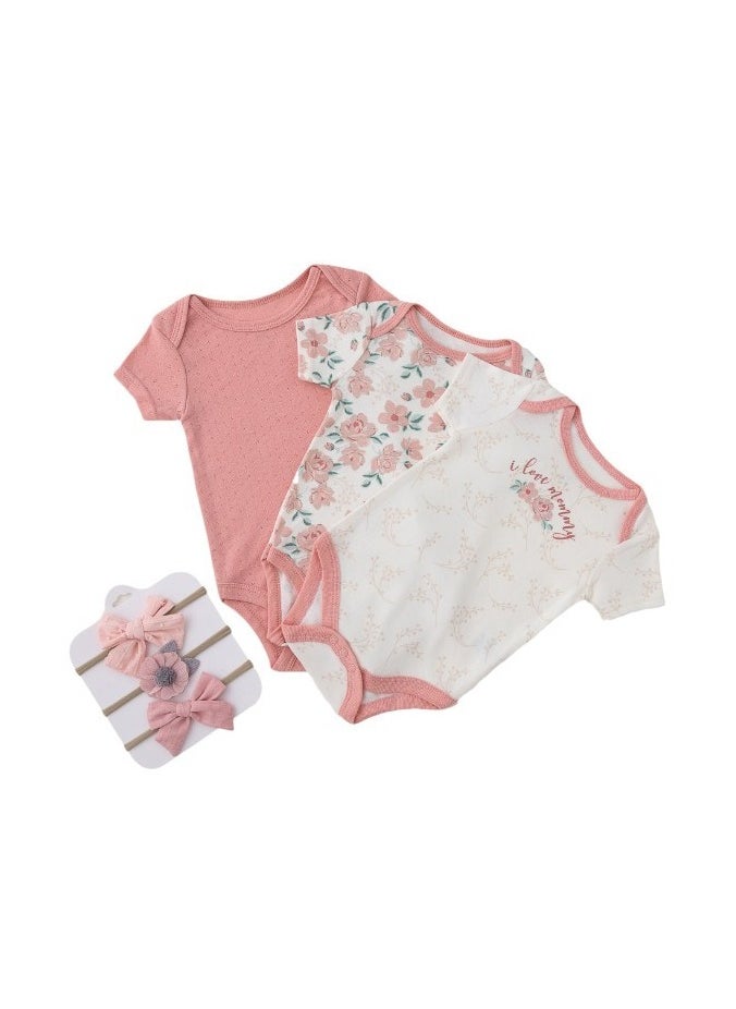 Bambimici Floral Print Babysuit 3-Piece Set with Headbands