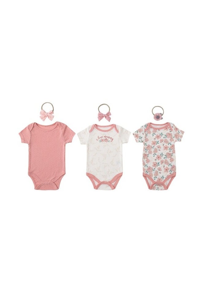 Bambimici Floral Print Babysuit 3-Piece Set with Headbands