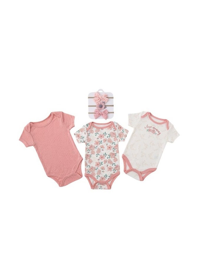 Bambimici Floral Print Babysuit 3-Piece Set with Headbands