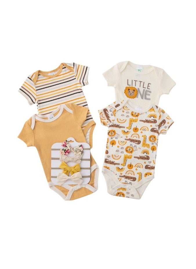 Bambimici Lion Print Babysuit 4-Piece Set with Headbands- Yellow