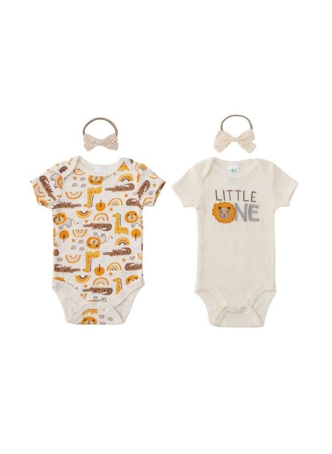 Bambimici Lion Print Babysuit 4-Piece Set with Headbands- Yellow