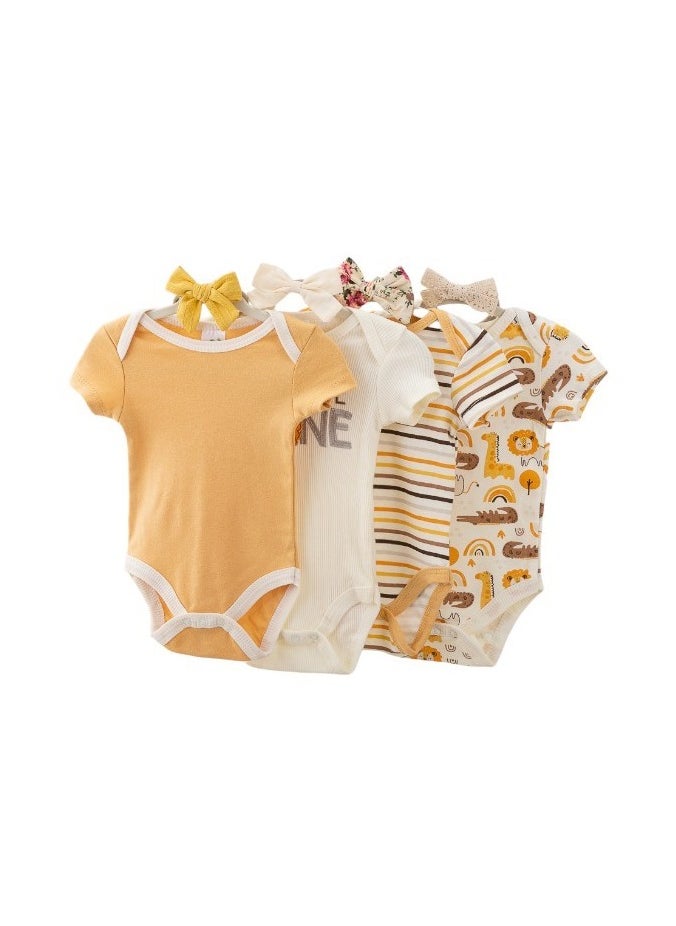 Bambimici Lion Print Babysuit 4-Piece Set with Headbands- Yellow