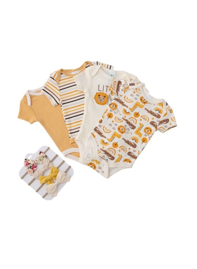 Bambimici Lion Print Babysuit 4-Piece Set with Headbands- Yellow