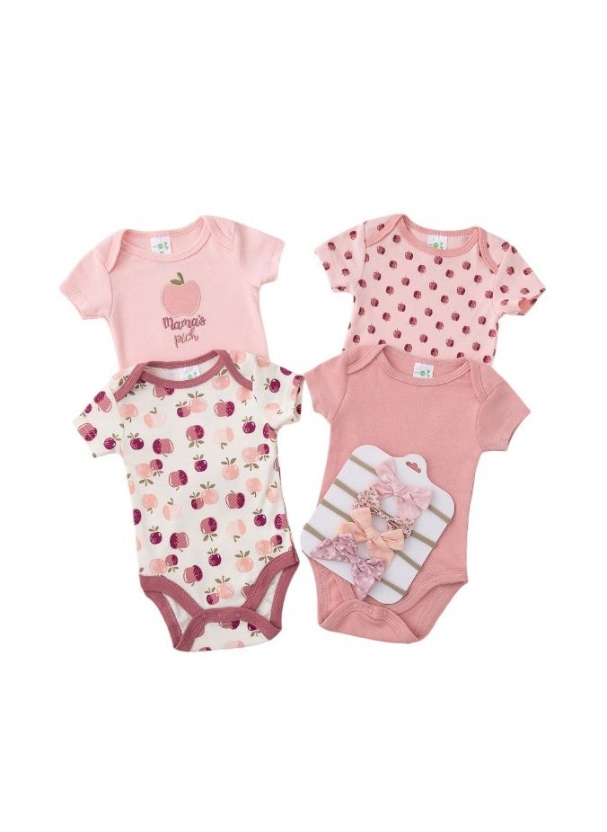 Bambimici Apple Print Babysuit 4-Piece Set with Headbands - Pink