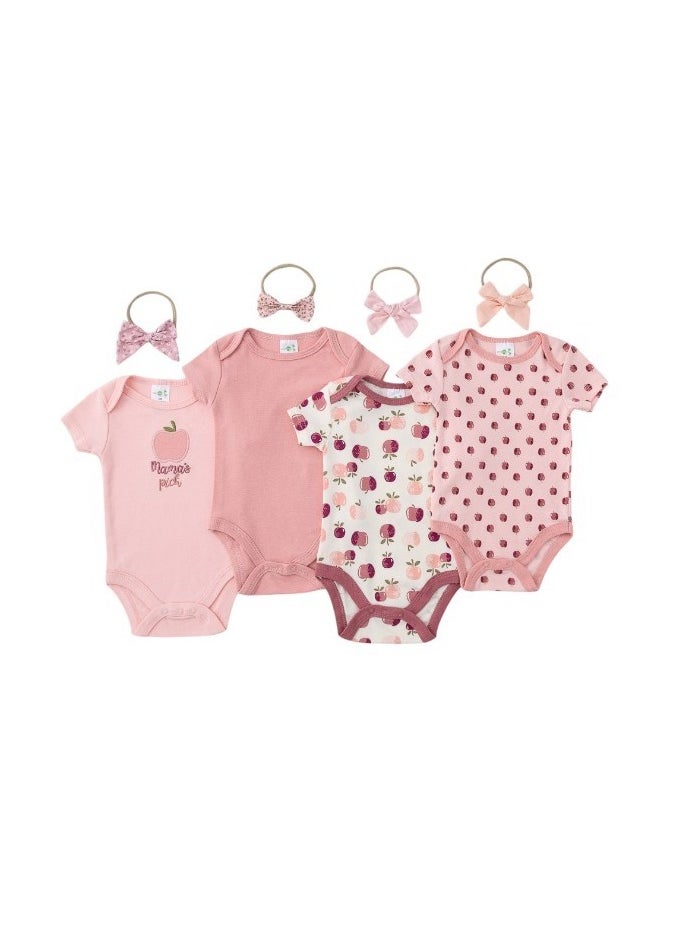 Bambimici Apple Print Babysuit 4-Piece Set with Headbands - Pink