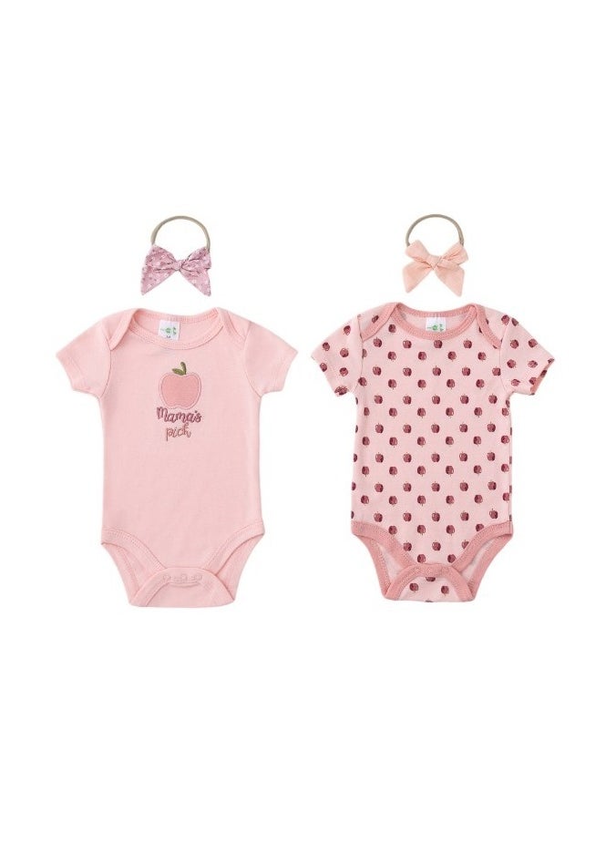 Bambimici Apple Print Babysuit 4-Piece Set with Headbands - Pink