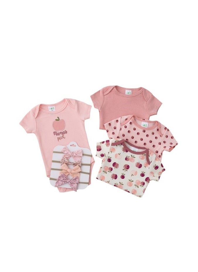 Bambimici Apple Print Babysuit 4-Piece Set with Headbands - Pink