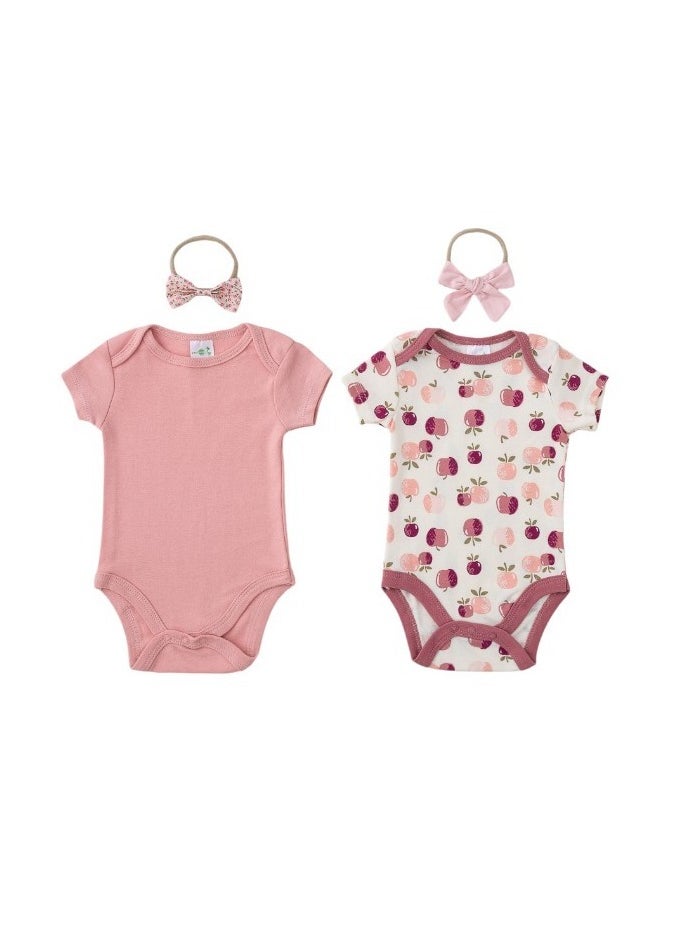 Bambimici Apple Print Babysuit 4-Piece Set with Headbands - Pink