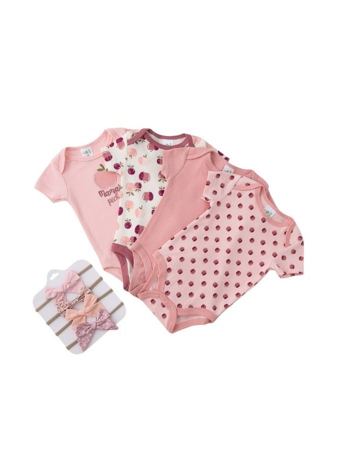 Bambimici Apple Print Babysuit 4-Piece Set with Headbands - Pink