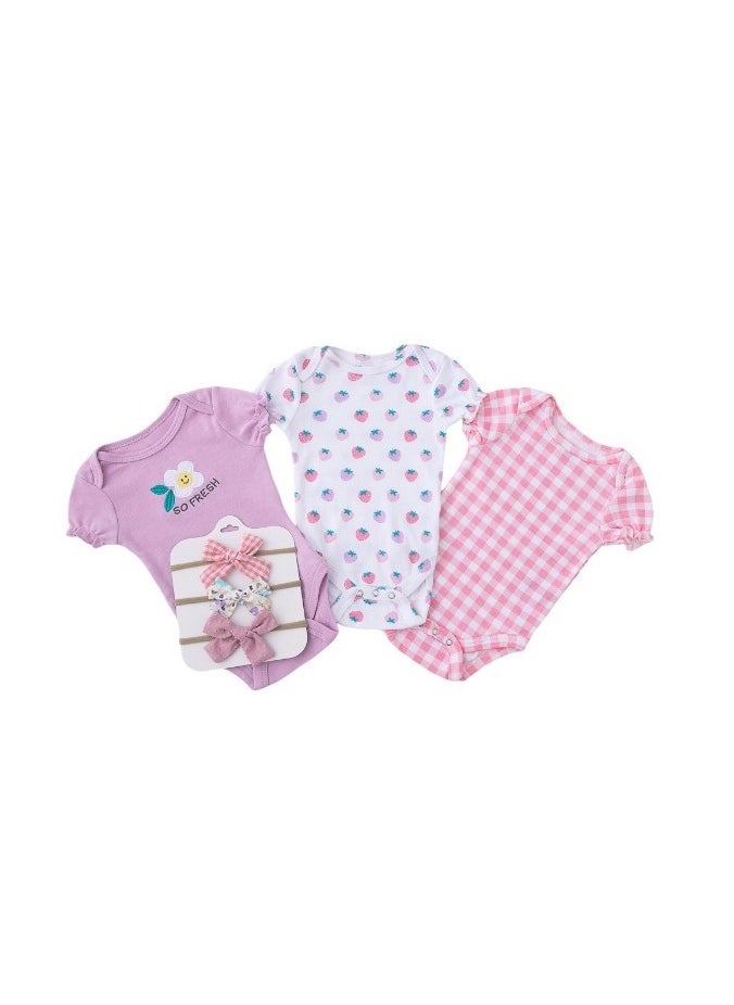 Bambimici Strawberry Print Babysuit 3-Piece Set with Headbands