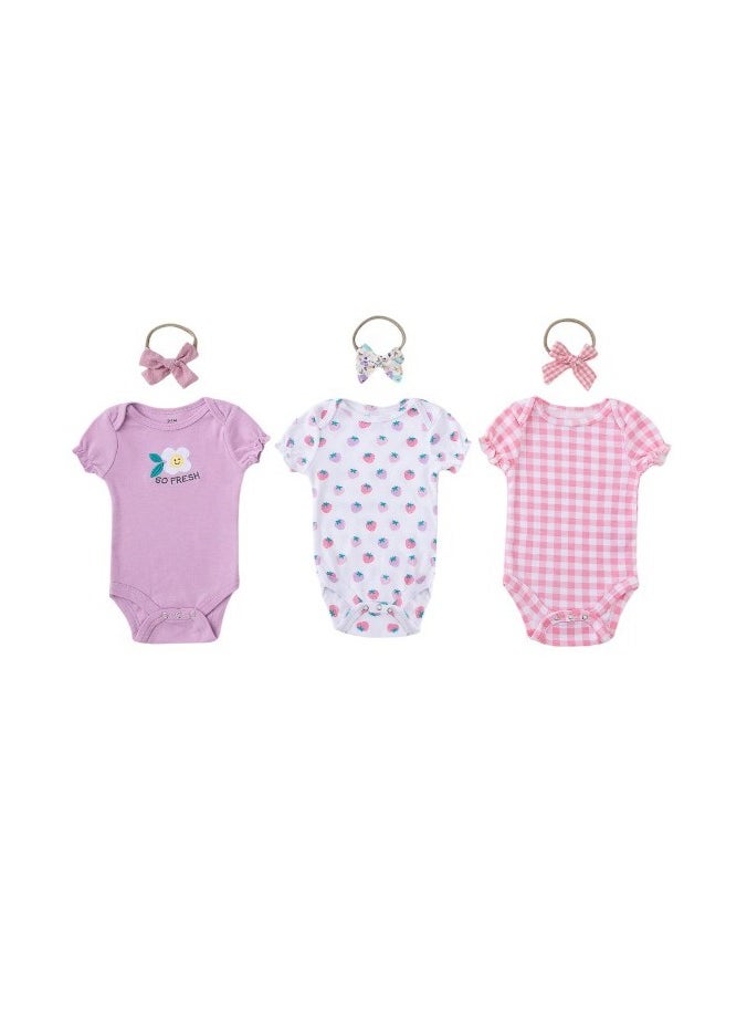 Bambimici Strawberry Print Babysuit 3-Piece Set with Headbands