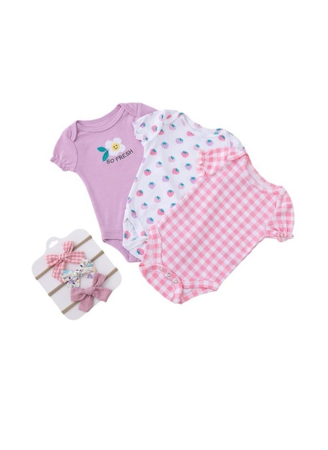 Bambimici Strawberry Print Babysuit 3-Piece Set with Headbands