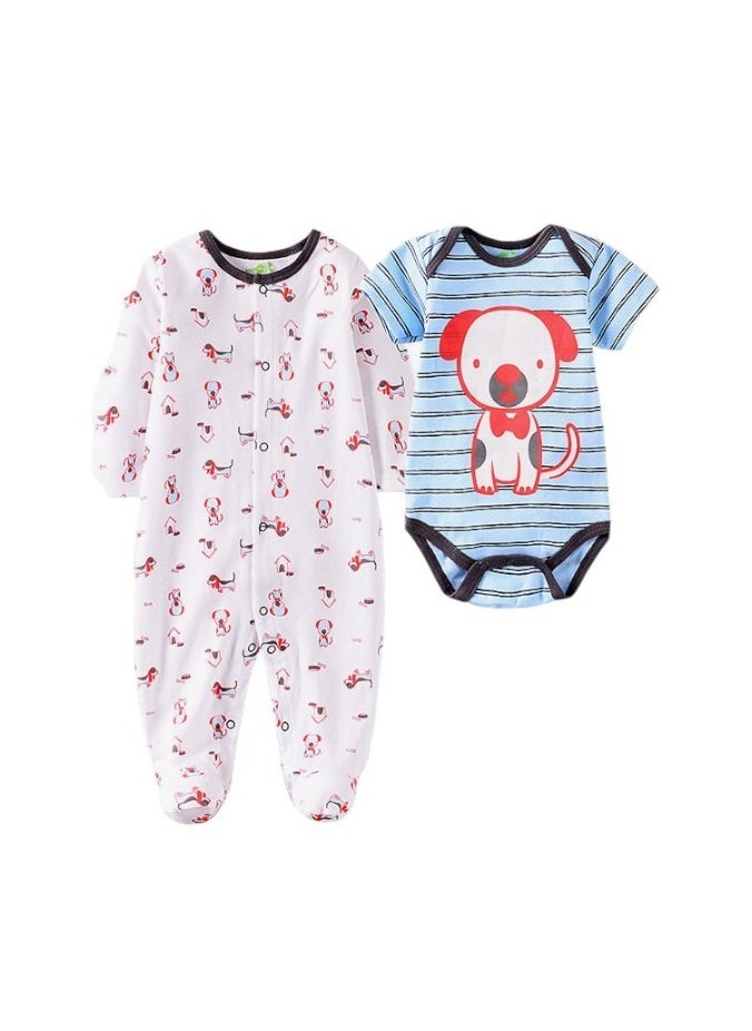 Bambimici Dog Print 2-Piece Body Suit with bib - White & Blue